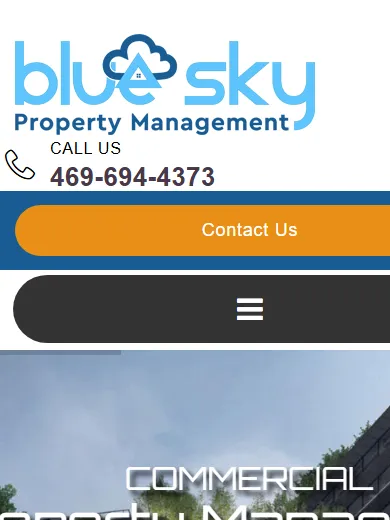 Blue Sky Property Management logo and commercial property hero on a phone