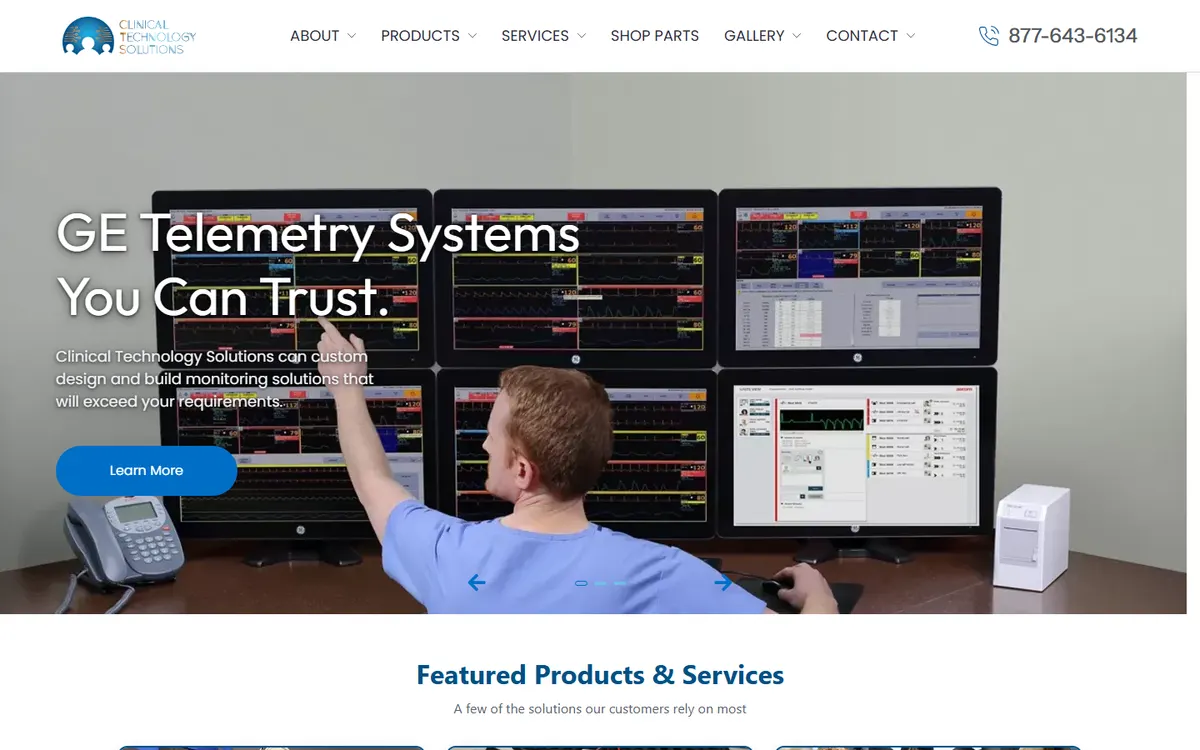 Clinical Technology Solutions homepage: GE telemetry monitors with the headline “GE Telemetry Systems You Can Trust”