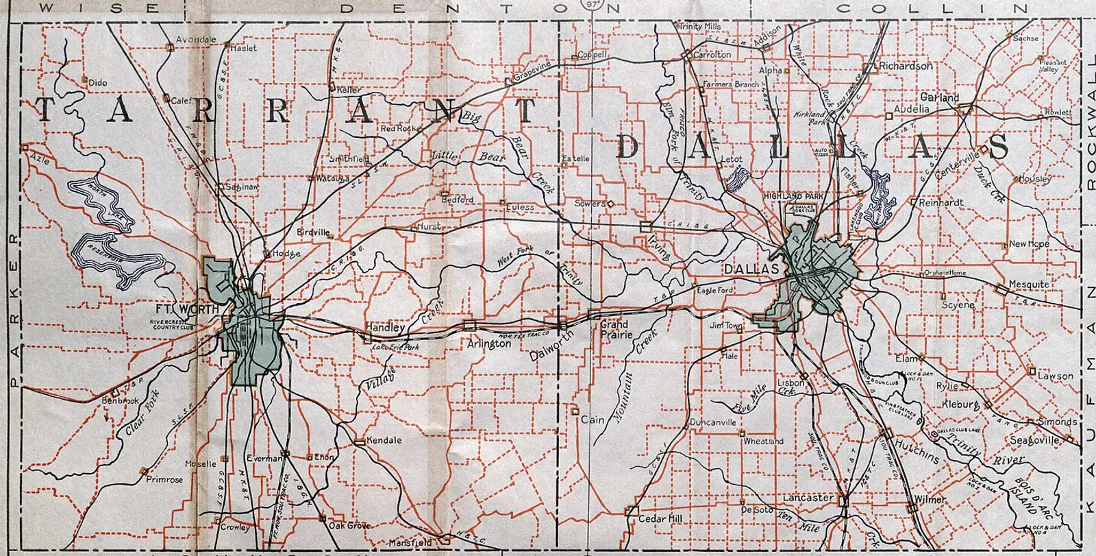 1915 sectional map of Dallas and Tarrant counties showing Fort Worth, Dallas, Addison, Carrollton, Arlington and Grapevine