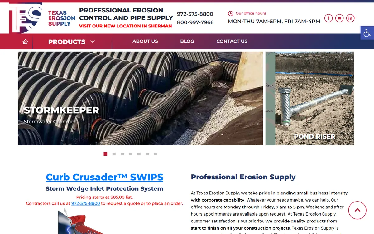 Texas Erosion Supply homepage with StormKeeper chamber product slider